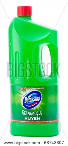Ankara, Turkey - December 26, 2013: Studio shot of Unilever's household cleaning bleach Domestos isolated on white background. 