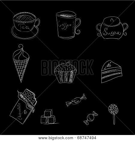 Sweet food and some drinks in doodle style