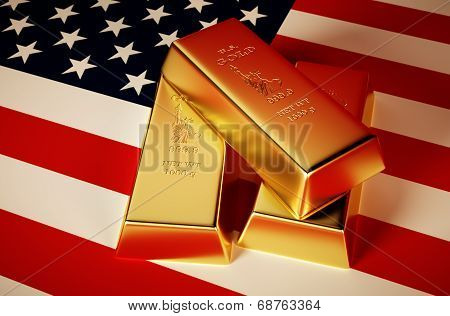 3D Photo-realistic Image Of Golden Bricks With U.s. Background