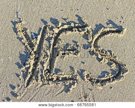 Great Written Yes Engraved On The Sand Of The Sea Beach
