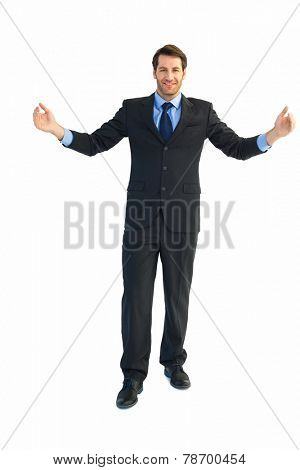 Smiling businessman holding something with his hands on white backcground