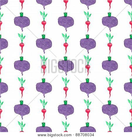 Seamless watercolor pattern with beetroot and radishes on the white background, aquarelle.  Vector i