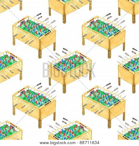 Watercolor seamless pattern with foosball tables on the white background, aquarelle. Vector illustra
