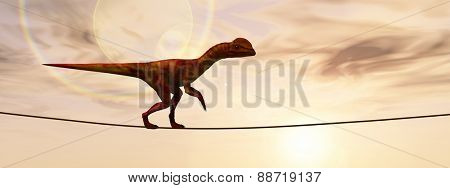 Concept or conceptual abstract business metaphor as wild heavy dinosaurus balancing on rope over sunset sky background banner