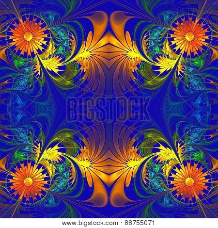 Flower Pattern. Orange And Darkblue Palette. Fractal Design. Computer Generated Graphics.