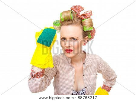 Funny Young Housewife With Gloves Holding Scrubberr, Isolated On White. Pin-up Girl