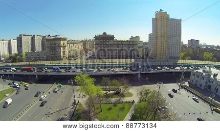 MOSCOW, RUSSIA - APRIL 26, 2014: Cityscape with buildings Rosneft and Holiday inn and Novorizhskaya overpass next to the Rizhsky Railway Station, aerial view