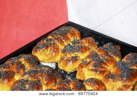 Homemade buns sprinkled with poppy seeds