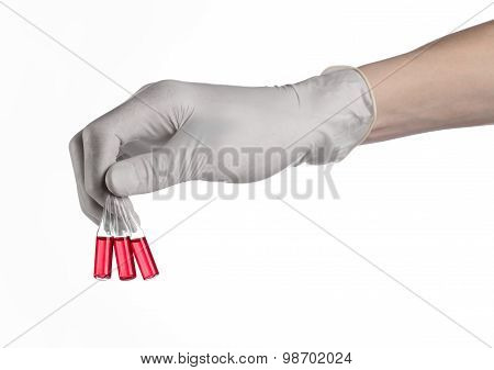 Doctor Hand Holding A Vial, Ampule Red, Vaccine Ampule, Ebola Vaccine, Flu Treatment, White Backgrou