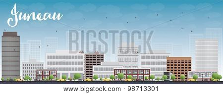 Juneau (Alaska) Skyline with Grey Building and Blue Sky. Vector Illustration