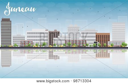 Juneau (Alaska) Skyline with Grey Building, Blue Sky and reflections. Vector Illustration
