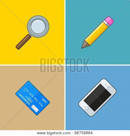 Group of vector symbols: phone, card