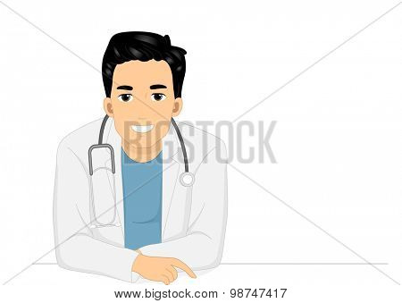 Illustration of a Male Doctor Leaning Against aTable