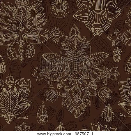 Seamless Floral Retro Background Pattern In Vector. Henna Paisley Mehndi Doodles Design Pattern.  -