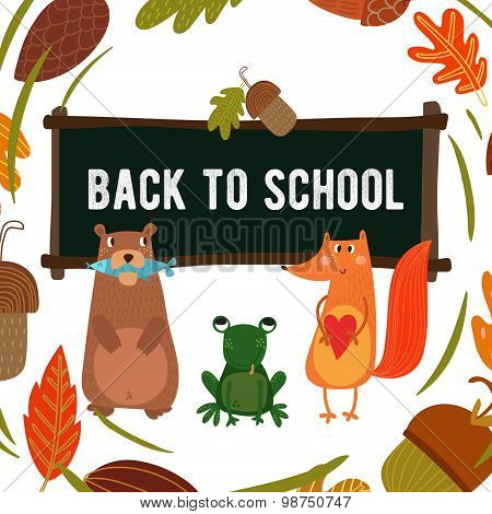 Cute Woodland And Forest Animals In School. Bear, Fox And Frog.-stock Vector