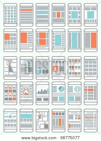 Mobile Phone Flow Charts, Wireframes, Set Of Interface Layouts For Mobile Applications