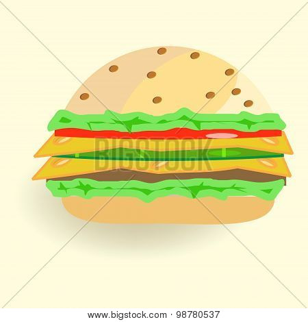 hamburger with cheese, green cucumber, tomato and greens