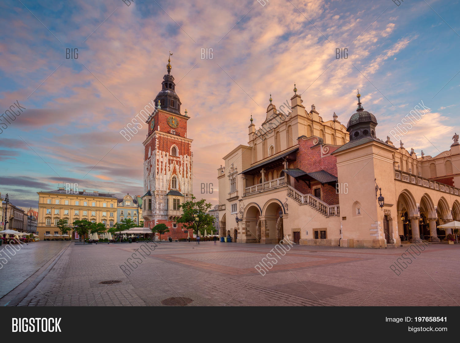 image of market square krakow, poland during sunrise.