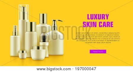 Quality cosmetic bottle poster. Beauty and health concept. Cleansing and skincare organic treatment. Realistic template vector illustration