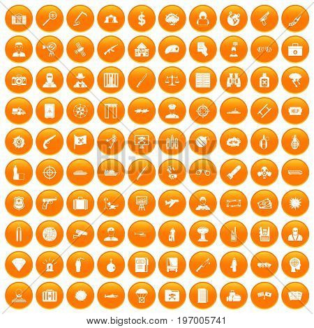 100 antiterrorism icons set in orange circle isolated on white vector illustration
