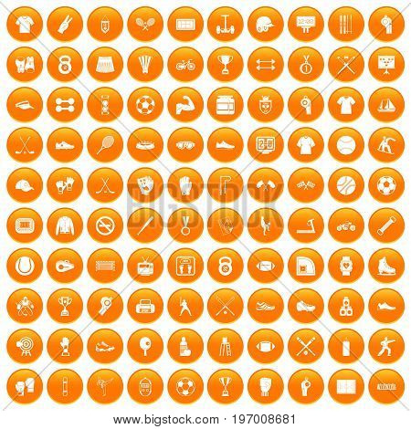 100 athlete icons set in orange circle isolated on white vector illustration