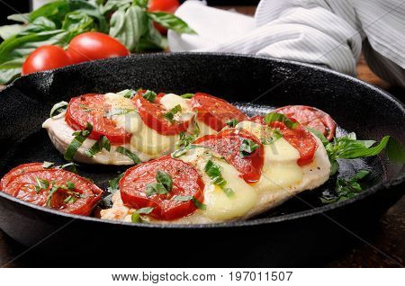 Langet from chicken breast with tomato and mozzarella. A-la caprese.