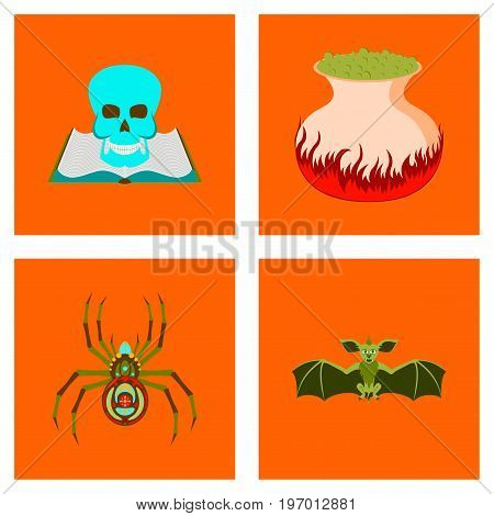 assembly of flat illustration halloween danger spider book skull cauldron bat