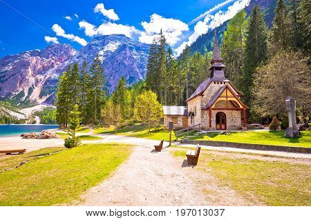 Church And Braies Lake In Dolomite Apls