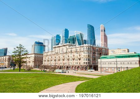 Moscow Russia-May 01 2017: Kutuzovsky Prospekt Street during the midday with new high-rise International Financial District is visible in the distance on May 012017 in Moscow Russia.
