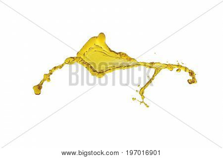 flying beautiful oil splah isolated over white background and drops