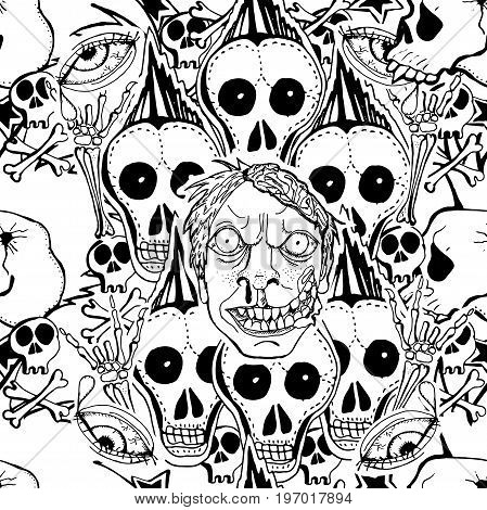 Skulls zombie. Vector seamles pattern. Crazy zombie hand drawn background. Can use for party decoration gift wrapp prints home decor.