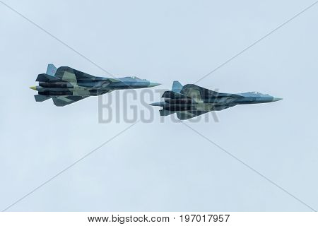 Moscow Region - July 21, 2017: New Russian fifth-generation fighters T-50 (Sukhoi PAK FA) at the International Aviation and Space Salon (MAKS) in Zhukovsky.