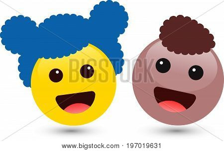 Vector illustration of two cute smiley yellow and brown emoticons on white background. Smile icons of friends with hair, red tongue. Funny expressing social smileys. Set of volume boy and girl emoji