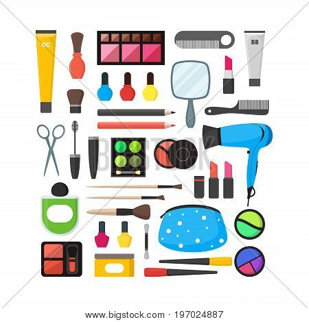 Vector Flat Make Up Tools Icon Set. Cosmetics, Mascara and Brushes on white background Illustration for Your Design