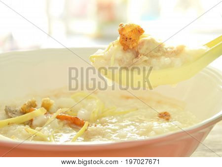 boiled rice with minced pork and slice ginger on plastic soup spoon