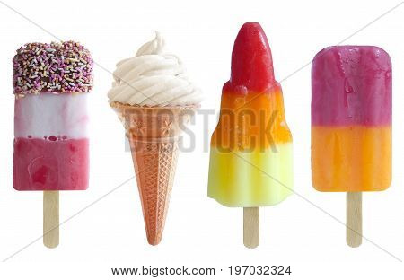 Assorted icecream and frozen lollies over a white background