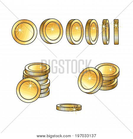 Set of rotating, turning shiny gold coins and stakcs, sketch vector illustration isolated on white background. Realistic hand drawing of blank, unlabeled golden coins at different points of view