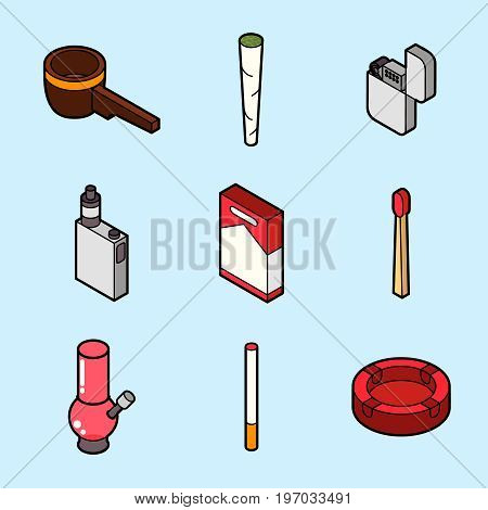 Smoking flat outline isometric set. Vector illustration, EPS 10