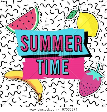 Vector Cute Illustration With Summer Time Frame, Fruit Patch Badges And Memphis Geometric Pattern.