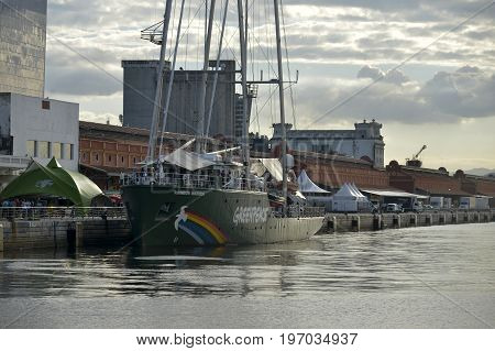 Rio de Janeiro Brazil - may 01 2017: Green Peace ship (Warrior Raimbow) anchored in the port of Rio de Janeiro open for public visitation