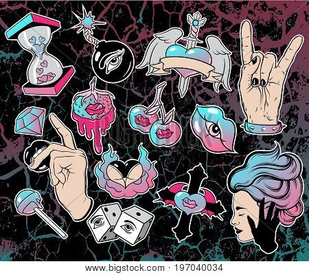 Vector hand drawn collection of surreal illustrations. Tattoo artwork. Template for card poster banner print for t-shirt.