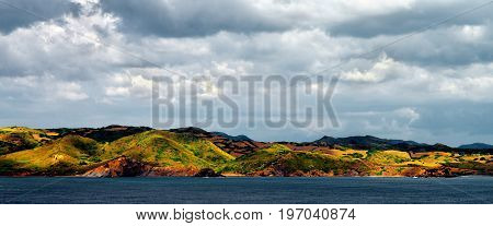 Spectacular Mediterranean Landscape on Hill Side of North Coast of Menorca in Cloudy Day Outdoors. Balearic Islands