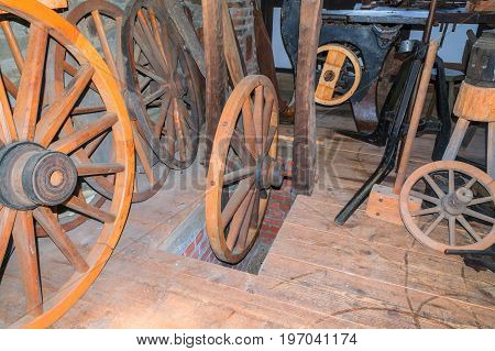 Workshop of a craft business for the production of old wagon wheels made of wood.