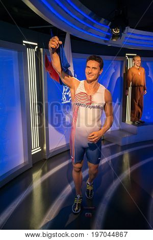 Prague, Czech republic, July 22, 2017: Roman Sebrle in Grevin museum of the wax figures in Prague.