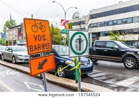 Montreal, Canada - May 26, 2017: Closed Bicycle Lane On Road In City In Quebec Region During Rainy C