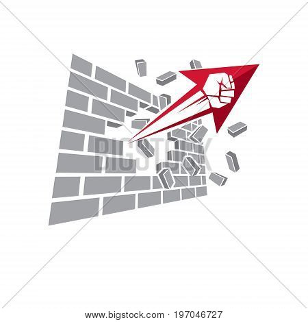Vector illustration of clenched fist in the shape of arrow breaks the wall. No limits conceptual emblem.