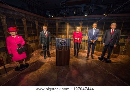 Prague, Czech republic, July 22, 2017: Queen Elizabeth II, Vaclav Havel, Angela Merkel, Barack Obama and Donald Trump in Grevin museum of the wax figures in Prague.