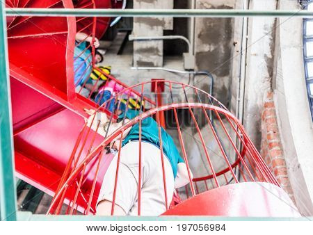 Montreal, Canada - May 27, 2017: People Inside Clock Tower In Old Port Area Climbing Stairs In City