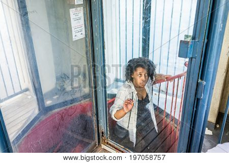 Montreal, Canada - May 27, 2017: People Inside Clock Tower In Old Port Area Climbing Stairs In City