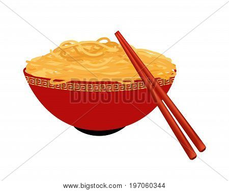 Red bowl of fried noodle with red chopsticks